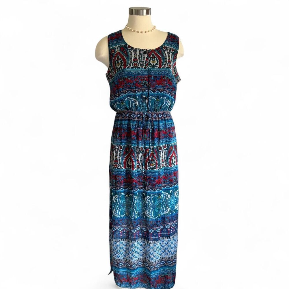 En Focus Studio Blue Paisley Geometric Tie Waist Maxi‎ Dress Size Large 12 Boho